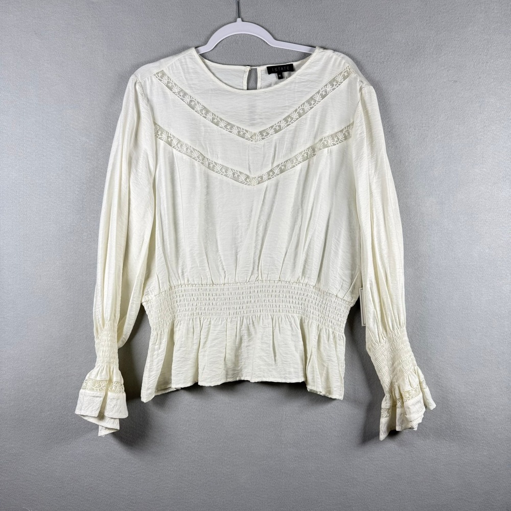 1.STATE Womens XL‎ Blouse White Embroidered Smocked Boho Cottagecore Top NWT